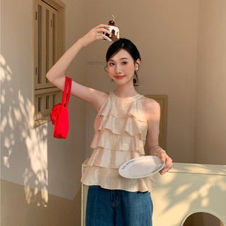 Aixili 2024 Tính Khí Mùa Hè Nơ Bóng Không Tay Ruffle Edge Slim Top 11262