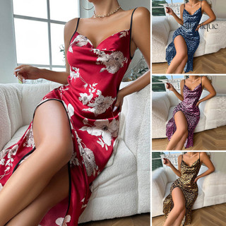 Stitchique _ Women Váy Ngủ Mùa Hè Cổ Chữ V Dây Đeo Spaghetti Không Tay Chia Viền Da Báo In Chiều Dài Giữa Bắp Chân Váy Ngủ Mỏng