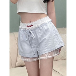 Milyfashion  Hot Girl Sexy Embroidery Atmosphere White Lace Pants Inner Wear Base Sports Casual Pants Elastic Waist Striped Shorts
