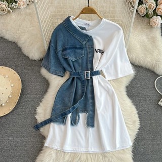 Thời Trang Nữ Vintage Thường Ngày Rời Plus Kích Thước Denim Chắp Vá Đầm Mùa Hè Cổ Tròn Tay Ngắn Kỳ Nghỉ Váy