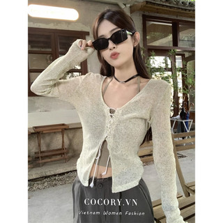 Cocorygirl Quần áo nữ Hàn Quốc Spice Girl dài tay chống nắng dệt kim cardigan dây rút