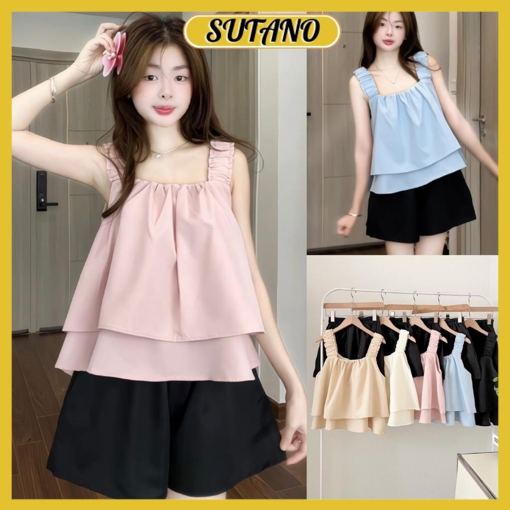 [XẢ KHO] Set áo hai dây bản to xếp tầng kèm quần short thô trơn mềm mát set đồ mặc hè nữ B366 SUTANO