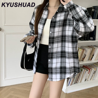 Kyushuad Áo sơ mi kẻ sọc áo khoác ngoài da cừu retro dáng rộng tay đèn lồng