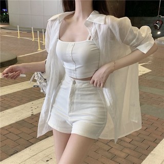 Set Áo Sơ Mi Trắng Mỏng Thấu Cảm Dài Tay phối Quần Đùi kèm hai dây cho nữ