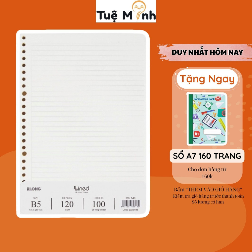Ruột sổ còng kẻ ngang Klong B5 100 tờ - 200 trang VPPTUEMINH, giấy refill tiện lợi Klong MS 548