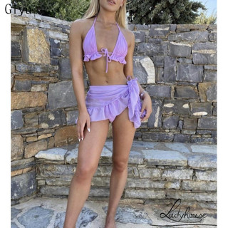 Giyuldd set bikini ba mảnh bộ xếp nếp dây màu trơn + đồ lót + vỏ bãi biển nữ