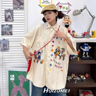Áo sơ mi nữ HUIUZMEI thêu cổ điển tay ngắn dáng rộng thon gọn