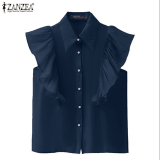 Zanzea Nữ Thời Trang Hàn Quốc Ve Áo Không Tay Ruffle Placket Nút Áo Sơ Mi