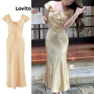 Đầm Lovito xếp ly dây rút màu trơn phong cách thanh lịch cho nữ LNE66493