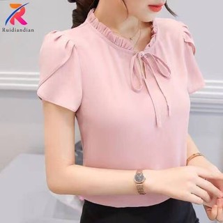 Ruidiandian 5XL Áo Sơ Mi Voan Nữ Màu Trơn Rời Size Lớn Top Lá Sen Tay Áo Sơ Mi Voan Ngọt Ngào Mùa Hè Mới Nữ Tay Ngắn