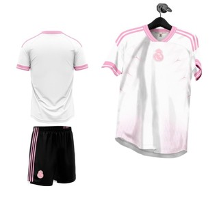 Áo bóng đá Real Madrid trắng viền hồng - Áo đá banh Clb Real trắng viền hồng thun mè chất lượng