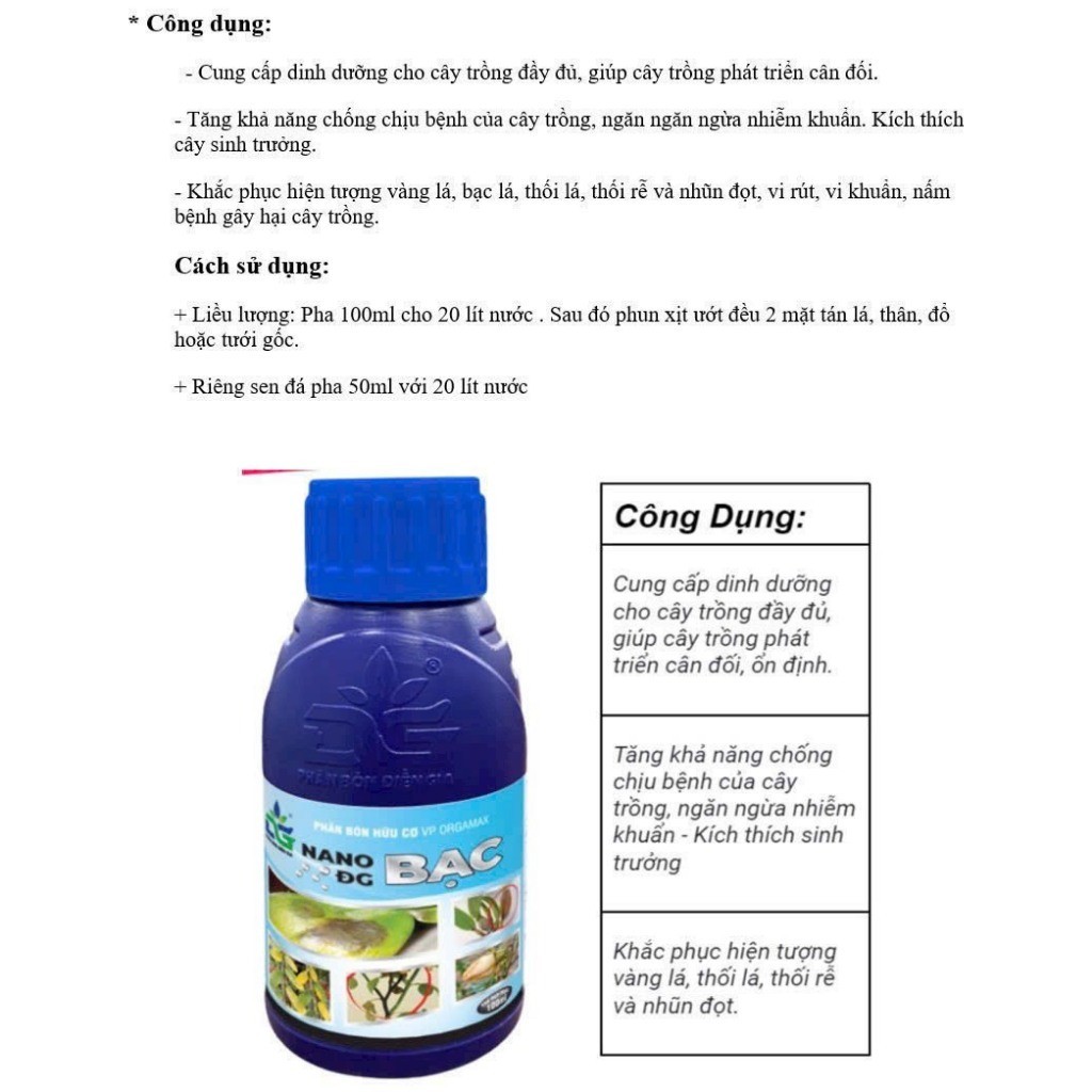 dung dịch Nano Bạc DG cho hoa hồng sen đá và cây trồng lọ 100ml