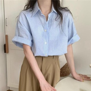 Áo sơ mi tay ngắn xốp sọc form rộng nhiều màu freesize THOCA HOUSE
