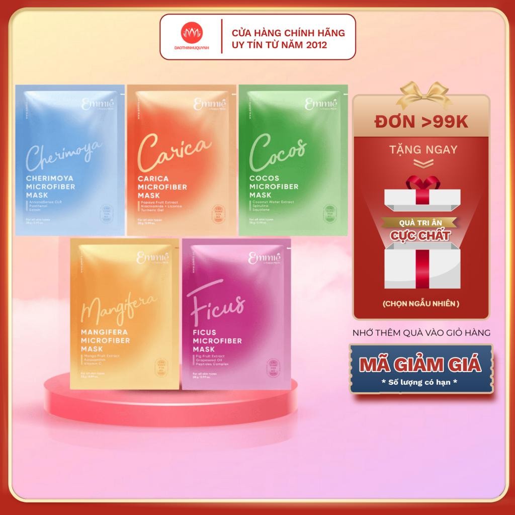 Mặt nạ Emmie by Happy Skin Microfiber 28g - lẻ miếng mặt nạ dừa emmié mask giấy dịu da chính hãng