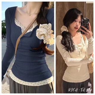 RICH-THEY Áo Thun Dài Tay Nữ Áo Bó Hoa Cổ Tròn Thời Trang Hai Mảnh Giả Phong Cách Hàn Quốc Mới