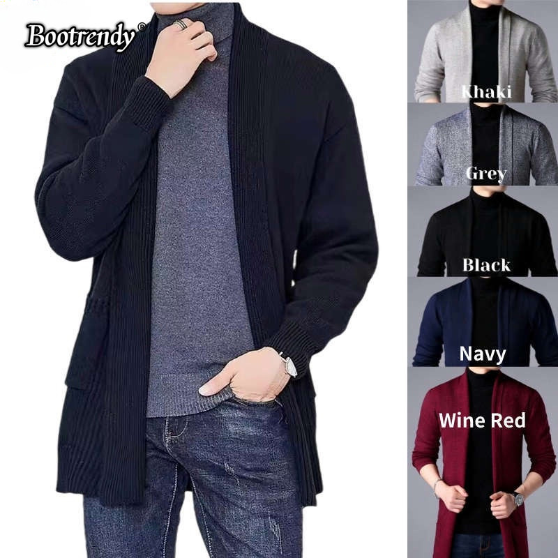 Áo Len Cardigan Nam Dài Dệt Kim Mở Trước Cardigan Nam Khăn Choàng Cổ Dài Cardigan Đan Áo Len Thời Tr