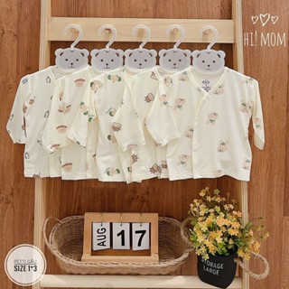 Áo Sơ Sinh Dài Tay Cài Chéo Chất Petit Mềm Mát Nền Kem Họa Tiết Cho Bé Sơ Sinh Bé Trai Bé Gái 0-9m (3-9kg) Hi mom