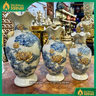 Lọ hoa miệng lượn, lọ thờ cúng men rạn hàng đắp nổi họa tiết sen bát tràng, bát tràng xanh, gốm sứ bát tràng việt nam