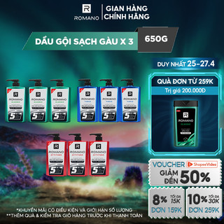 Combo 3 Dầu gội sạch gàu 5in1 hương nước hoa Romano 650g/chai