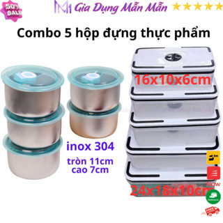 SKU07 - Combo 5 Hộp inox hình tròn có nắp, Set 5 hộp nhựa đựng thực phẩm có nắp đậy ngăn mùi