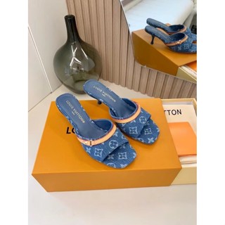 Châu Âu Mỹ 2024 Xuân Hè Phong Cách Mới Denim Cao Gót Cá Miệng Dép Nữ In Hình Stiletto Cao Ông