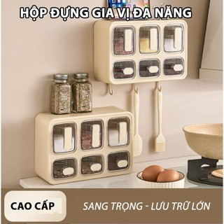 Hộp đựng gia vị treo tường 6 ngăn UFORU, chống thấm nước, kèm thìa và móc, có bảng tên ghi gia vị, chất liệu cao cấp