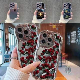 Tương thích cho IPhone 15 13 12 11 Pro Max 8 7 Plus X Xs Max Laser đơn giản Mạ sang trọng Vỏ điện thoại kim loại Gương trang điểm Hoa hồng Tranh sơn dầu mơ mộng Bầu trời Vỏ TPU chống sốc