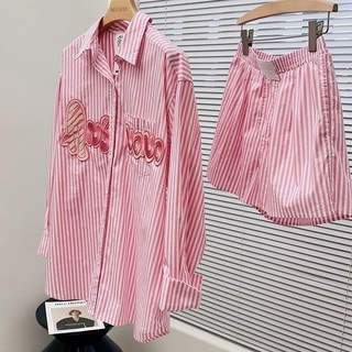 Extra-large size 300kg fat MM loose meat-covering shirt set for women's summer casual sunscreen shirt and shorts two-piece set 2