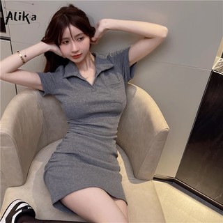 Váy nữ Alika ngọt ngào và gợi cảm màu trơn Hàn Quốc ins váy ngắn tay cổ POLO đa năng hàng ngày