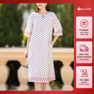  - Váy Đầm Phom Suông Qua Gối Chất Vải Linen Bông Cao Cấp Cổ Tròn Thắt Nơ Tay Lỡ Có Túi Swanlake - D11085