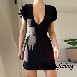 Sf-nữ Mini Chữ A Đầm Mùa Hè Tay Ngắn Cổ Chữ V Sâu Thắt Lưng Cao Cấp