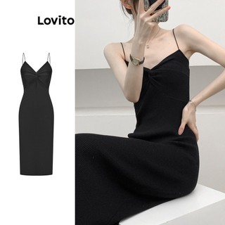Đầm Lovito hai dây mảnh phối vải xoắn màu trơn thường ngày cho nữ L68ED138 (Màu đen)