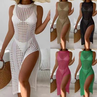 Đầm đi biển xẻ tà dệt kim rỗng không tay cổ tròn dành cho nữ