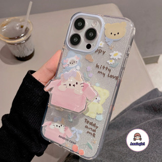 Ins Girly Cute Kitty Bling Long Lanh Vỏ Điện Thoại Trong Suốt Có Giá Đỡ Mèo Cho Iphone 11 15 14 Pro Max 12 13 Promax XR XS 7Plus 8Plus Bảo Vệ Ống Kính Hoạt Hình Ốp lưng Chống Sốc