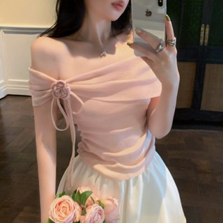 áo len mỏng Trễ Vai Hoa Top Nữ Mùa Hè Cao Cấp Pháp Hồng Áo Thun Ngắn Tay Sang Trọng Đẹp