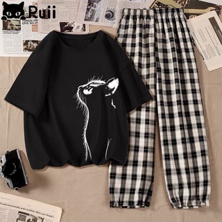 Sét áo phông Mèo trắng + quần karo màu, Đồ UNISEX mặc ở nhà và đi chơi, chất đẹp, mặc không xù - DVGIT