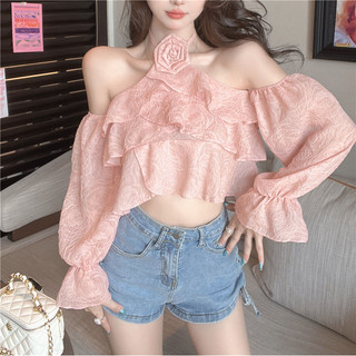 Sang Trọng Màu Hồng Ba Chiều Hoa Dây Cổ Áo Sơ Mi Nữ Mùa Thu Gợi Cảm Ngoài Vai Áo Sơ Mi Tay loe Xù Ngắn Top