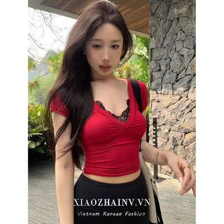 Xiaozhainv Hàn Quốc Ren Đỏ Cổ Chữ V Tay Ngắn Vai Nữ Mùa Hè Slim Fit Thường Ngày Top