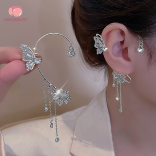 1 / 2 Chiếc Phong Cách Hàn Quốc Lấp Lánh Zircon Hoa Bướm Treo Tai - Bông Tai Tua Rua Hoa Ngọt Ngào - Dành Cho Nữ Đơn Giản Kẹp Tai Trang Sức