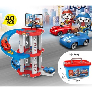 Bộ đồ chơi bãi đỗ xe mini chú chó cứu hộ nhựa ABS an toàn cho bé tặng kèm xe và có hộp đựng