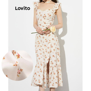 Đầm Lovito vải gân họa tiết hoa nhí xếp nếp xẻ tà phong cách thường ngày dành cho nữ LNE49371