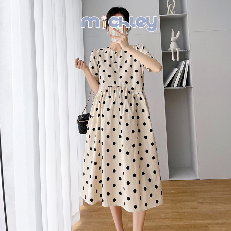 Michley Bà bầu Hàn Quốc cotton cổ tròn tay ngắn chấm bi váy midi mùa hè