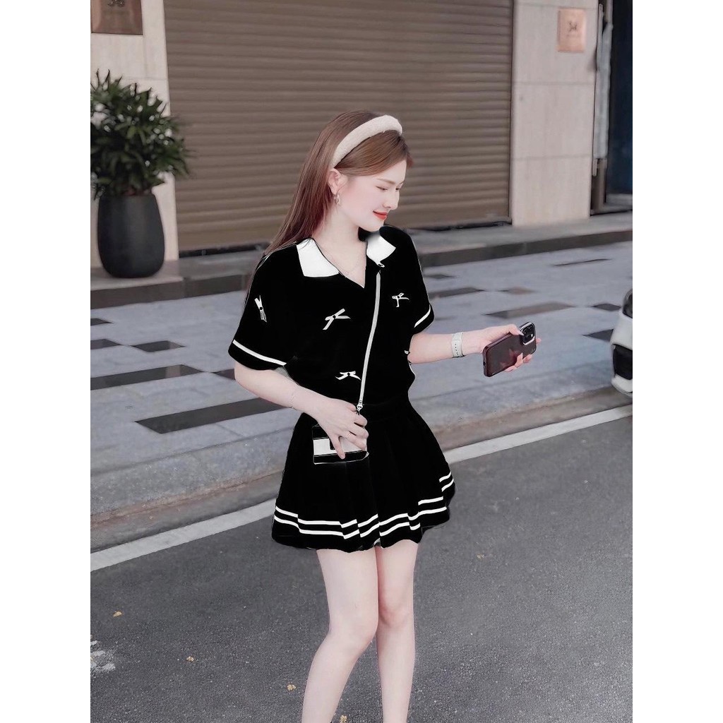 Thời Trang Bigsize - Set Áo Cổ Bẻ Nơ Nổi Mix Chân Váy Xếp Ly Có Lót Trong Vải Thun Tăm Hot Hit Nữ Cao Cấp Xinh 40-95kg | BigBuy360 - bigbuy360.vn