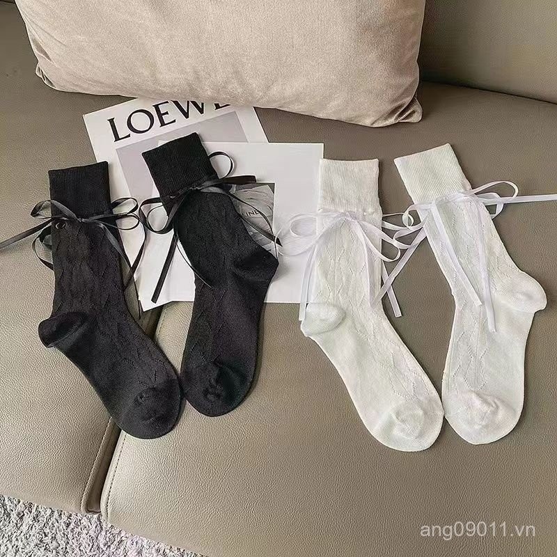 Vớ nữ kiểu Pháp mỏng với nơ ruy băng, vớ dài đến giữa bắp chân, vớ xếp chồng rỗng, vớ dài đen trắng 