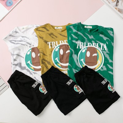 Bộ quần áo mặc nhà cotton bé trai LITIBABY sát nách in mặt cười size 8 đến 12 tuổi