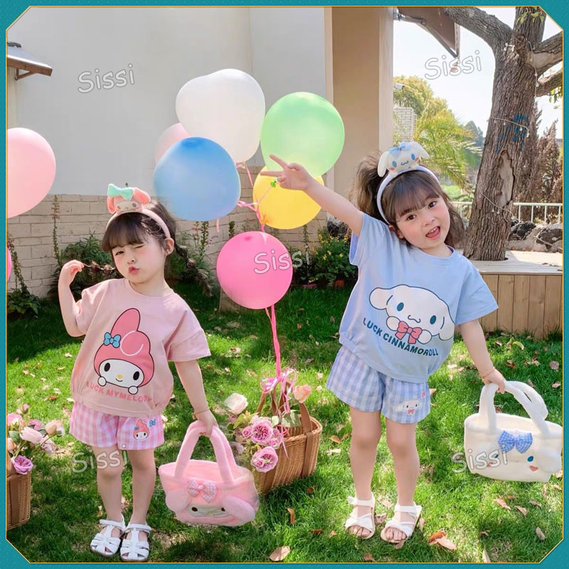 Sanrio Kuromi Melody Cinnamoroll Cô Gái Ngọt Ngào Bộ Đồ Ngủ Váy Ngủ 2 Bộ Quần Áo Trẻ Em Hoạt Hình Trẻ Em Tay Ngắn Cổ Tròn Kuromi Áo Thun Cho Trẻ Em Có Lưới Quần Short