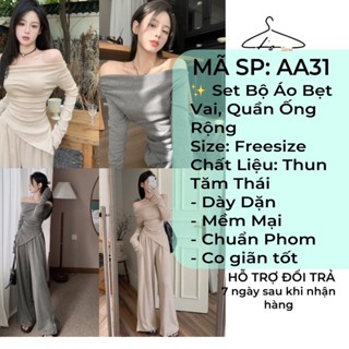 Set đồ bộ nữ áo bẹt vai tay dài mix quần dài ống rộng, ôm eo tôn dáng basic phong cách Hàn Quốc
