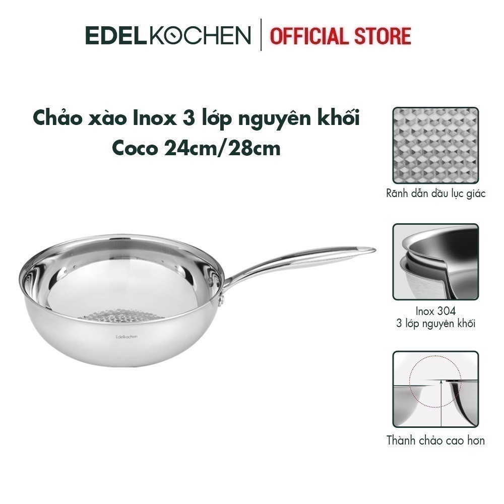 Chảo xào inox 3 lớp nguyên khối Edelkochen Coco Collection 24,28cm – Màu Mirror