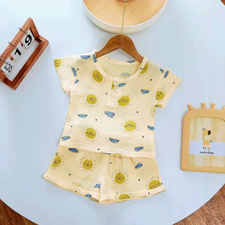 (10-65kg) Bộ quần áo vải xô in hình hoạ tiết xinh hàng quảng châu thoáng mát cho bé trai bé gái