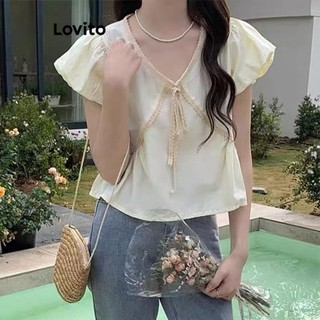 Áo kiểu Lovito màu trơn buộc dây phối viền tương phản phong cách thường ngày cho nữ LNE58253